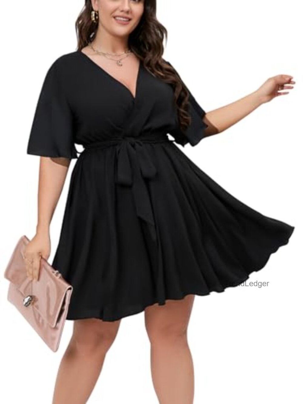 Plus Size Wrap Mini Dress Short Sleeve V-Neck Flowy Summer Casual